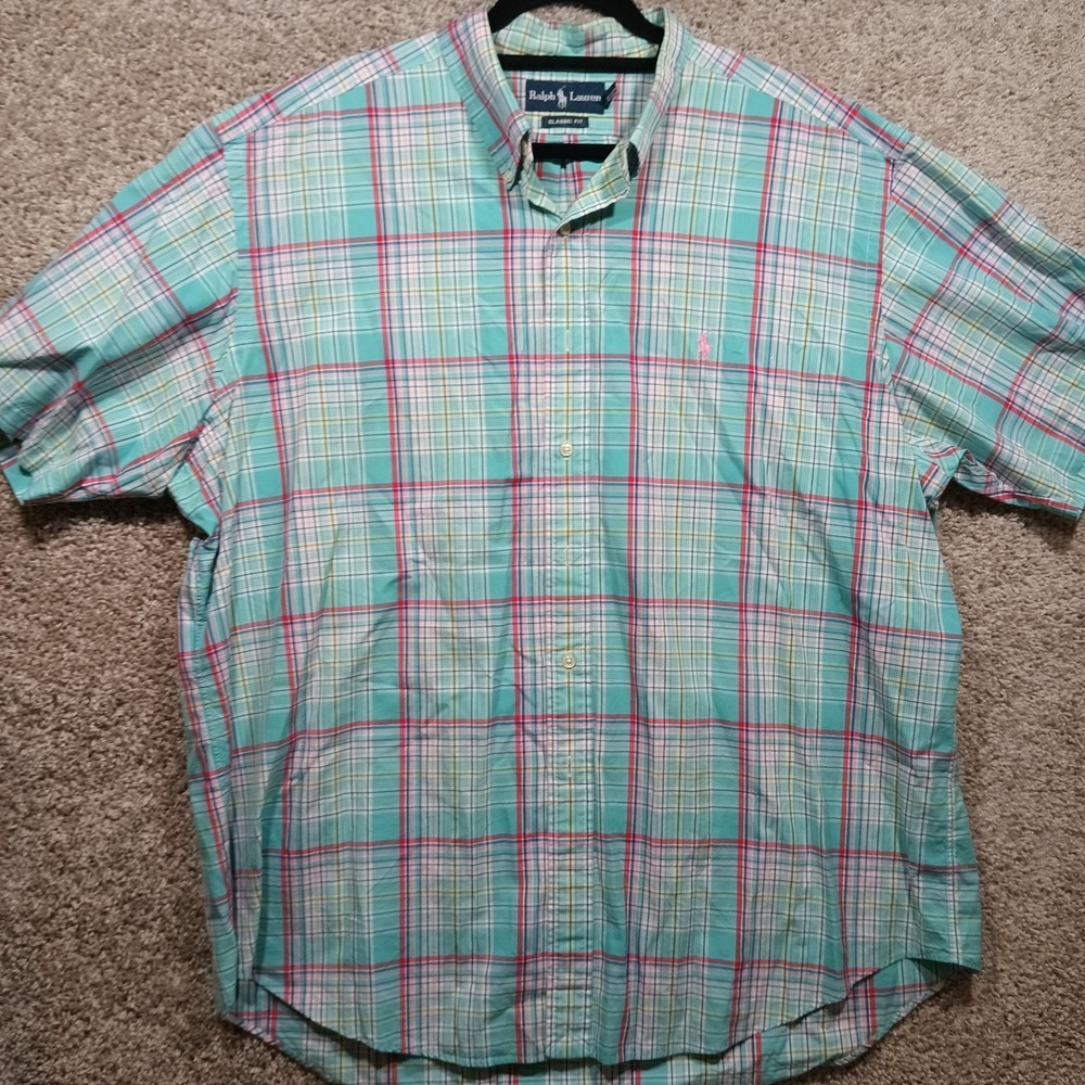 Ralph Lauren Classic Fit SS Button Up Shirt. Xxl. Plaid Pastels, Pink Pony.